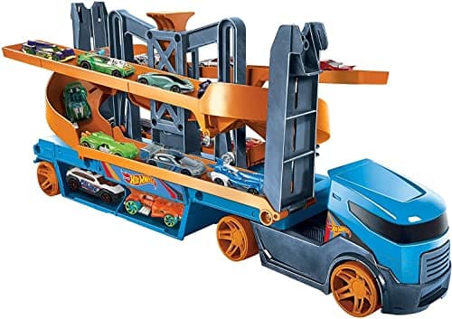 Image of Hot Wheels City Lift & Launch Hauler Vehicle with Storage for up to 20 1:64 Cars, Lift and Launch Feature and 1 Hot Wheels Car, for 3 Year Olds and Up - GNM62