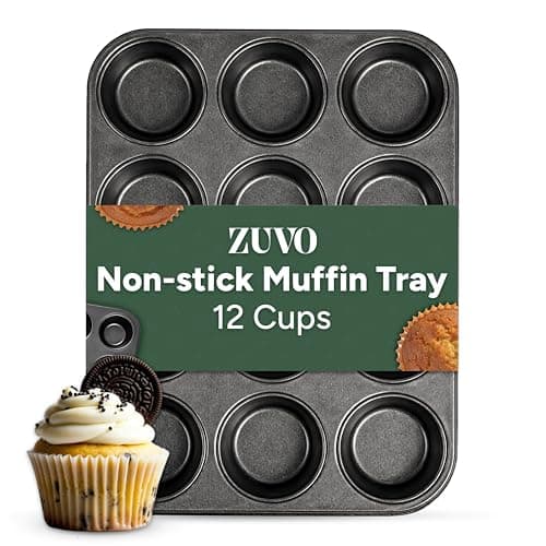 Image of Zuvo Nonstick 12 Cup Muffin Tray - BPA Free & Dishwasher Safe Cupcake Pan Muffin Tray with Stain-Resistant, Baking Mould for Muffins or Cupcakes, Bakeware - (Black)