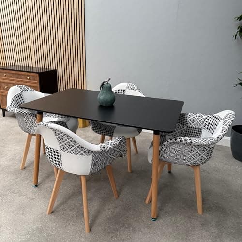 Image of Halo 5-Piece Dining Set – Modern Retro Rectangular Table with Solid Wood Legs & 4 Patchwork Mid-Century Chairs – Compact Kitchen or Dining Room Set for 4 – Stylish, Comfortable & Easy to Assemble