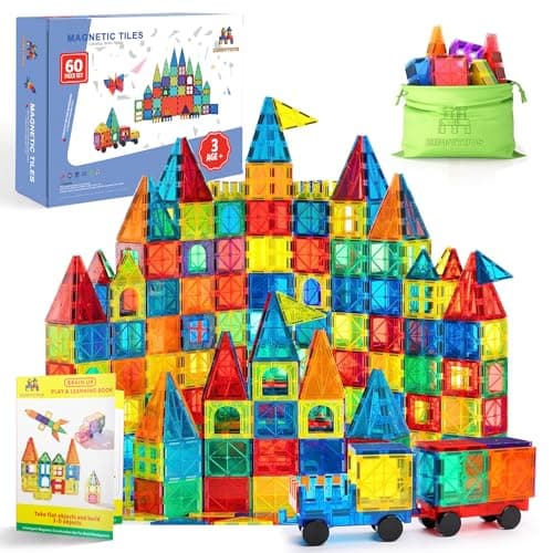 Image of Zippytoys Magnetic Tiles Building Blocks Set for Kids – 60PCS 3D Magnetic Construction Toy with Wheel Cart & Storage Bag – STEM Learning Toy for Boys & Girls Age 3+ – Strong Magnets & Safe ABS Plastic