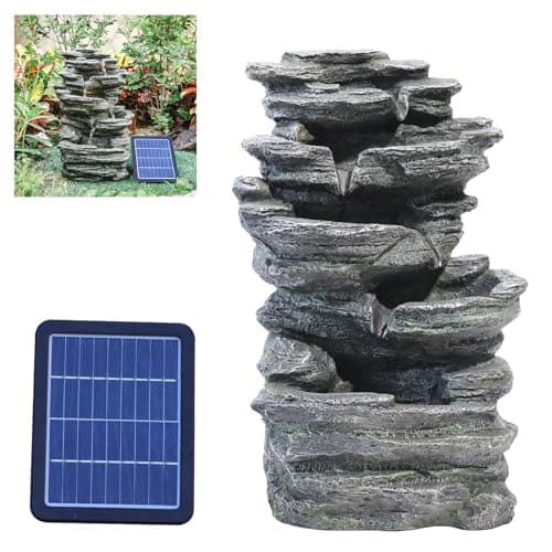 Image of BTGGG Solar Water Feature Cascading Ancient Style Wishing Well Solar Powered Water Fountain Outdoor Garden Water Feature with Lights,Solar Garden Fountain Waterfall Decorations for Garden Patio Yard
