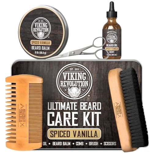 Image of Viking Revolution - Ultimate Beard Kit Spiced Vanilla - Grooming Kit for Men with Beard Brush, Beard Comb, Beard Balm, Beard Oil, and Moustache Scissors