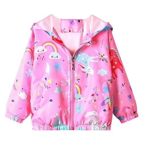 Image of JinBei Jackets Kids Hooded Coat Windbreaker Zip Long Sleeve Cloak Windproof Jacket Soft Light Thin Outwear Jacket for Girls Age 4-5 Years, Pink Horse Rainbow Print