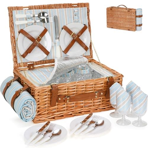 Image of HappyPicnic Wicker Picnic Basket Set for 4 Persons - Large Willow Hamper with Large Insulated Cooler Compartment, Free Waterproof Blanket and Cutlery Service Kit-Classical Brown