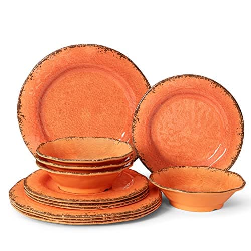 Image of LEHAHA 12 Piece Melamine Tableware Set, Shatterproof and Durable, Rustic Plates and Bowls, Perfect for Patio and Outdoor Activities