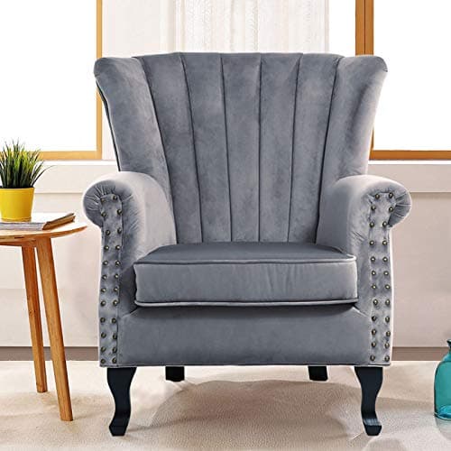 Image of INMOZATA Grey Armchair High Fireside Chair Velvet Accent Tub Chair Load Maximum Weight 150kg Queen Anne Chair for Living Room Bedroom Dining Reception(Grey)