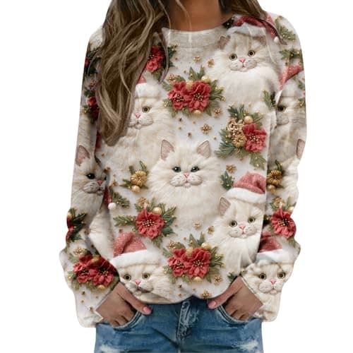 Image of Christmas Sweatshirt For Women Funny Santa Print Xmas Sweatshirt Cute Cat Xmas Jumpers Plus Size Graphic Pullover Crewneck Long Sleeve Top Festive Holiday Party Outfit,White,S