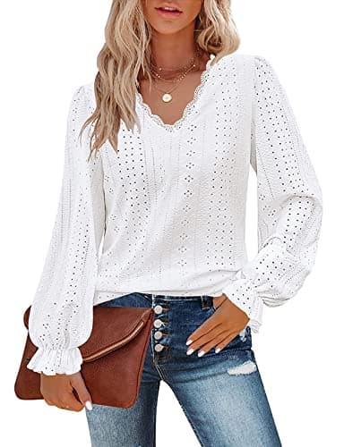 Image of Flikity Ladies Tops, Lace V Neck Blouses for Women UK Long Sleeve Top Women's Blouses Shirts Ladies Going Out Tops Party Top Spring Autumn Winter Tunic Clothes White M