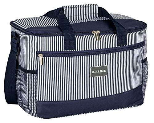 Image of B.PRIME Large 20 litres Insulated Cool Bag - 36 x 26 x 22 cm - Lunch Cooler Bag - Insulated Lunch Bag - Navy Blue/White Striped