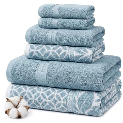 Image of Modern Threads Trefoil Filigree 6-Piece Reversible Yarn Dyed Jacquard Towel Set - Bath Towels, Hand Towels, & Washcloths - Super Absorbent & Quick Dry - 100% Combed Cotton, Sterling Blue