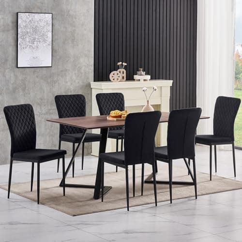 Image of JaHECOME Dining Room Sets Dining Table Set of 6 Velvet Dining Chairs 150 x 85 x 74 cm Heavy Duty Metal Frame for Kitchen Living Room,Oak Table & Black Chairs