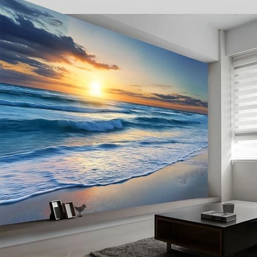 Image of Large Beautiful Ocean Waves Sunrise Mural Wallpaper 300 x 210 cm, Nature Landscape Photo Wallpaper, Wall Mural Sticker for Bedroom Living Room Hallway Sofa Backdrop Wall Decor