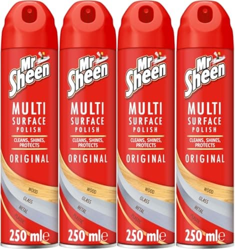 Image of Mr Sheen Multi Surface Polish Spray, For Use on Wood, Plastic, Glass and Metal, Scent: Original, 250ml, Pack of 4