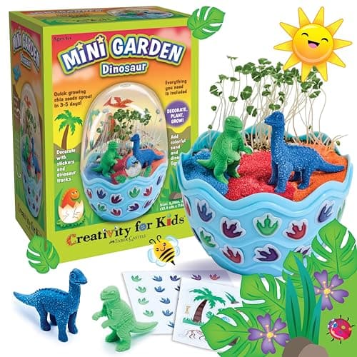 Image of Creativity for Kids Mini Garden Dinosaur Kit – Grow Your Own Chia Seed Garden in 3-5 Days with Colorful Sand, Stickers & Dinosaur Figurines – STEM Gardening Craft for Kids Ages 6+
