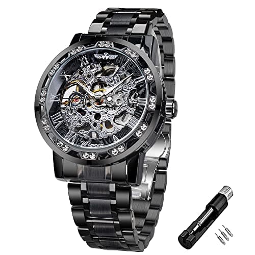 Image of Winner Retro Skeleton Watch with Diamond and Carving Flower Craft Men's Watch - Mechanical, BlackSilver