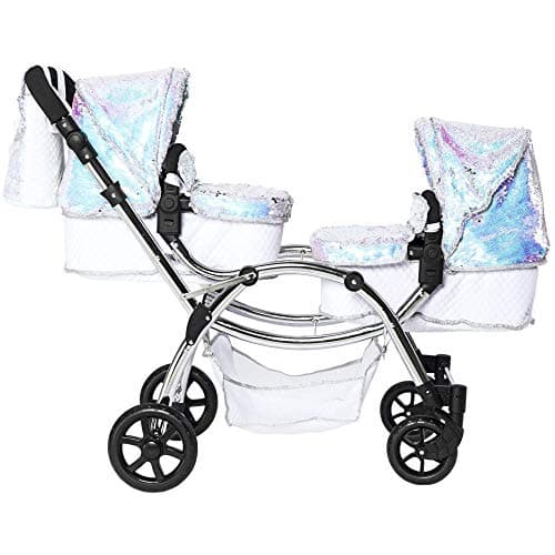 Image of Roma Polly Dolls Pram 2-in-1 Dolls Pushchair, Double Buggy with Convertible Seat, Adjustable Handle, Foldable Canopy, Mermaid Print, Suitable for Ages 3-16, Perfect for Christmas
