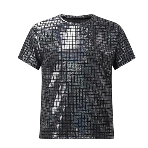 Image of Kids T-Shirt Boys Graphic T Shirt Square Sequins Checkered Shiny Short Sleeve Top for Casual Outdoor Sports Performance Outfit 2 19 Years (Black, 12-13 Years)