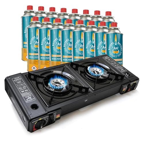 Image of Eurocatch 2-burner Gas Cooker - incl. 16 Butane Gas Bottles - Gas Stove - Camping Cooker - Gas Burner - Gas Stove - Gas Cooker - Cooker