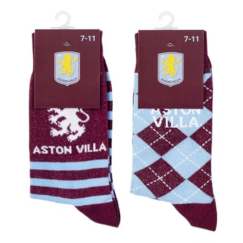 Image of The Gift Scholars Officially Licensed Twin Pack Aston Villa Crest Claret Casual Socks for Men & Women | Adult Size Sport Villans Fan Merchandise 4-7 (1 Claret + 1 Checked)