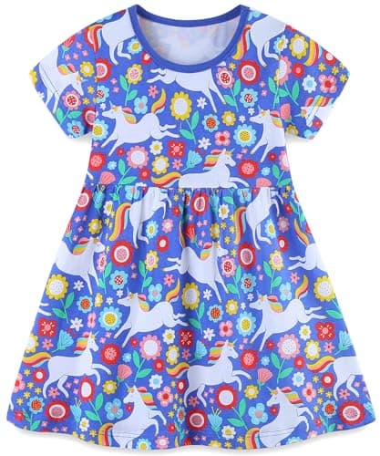 Image of TEDD Girls Summer Dresses Unicorn Dress 100% Cotton Short Sleeve Casual Shirt Dress for Little Kids Age 3-4 Years