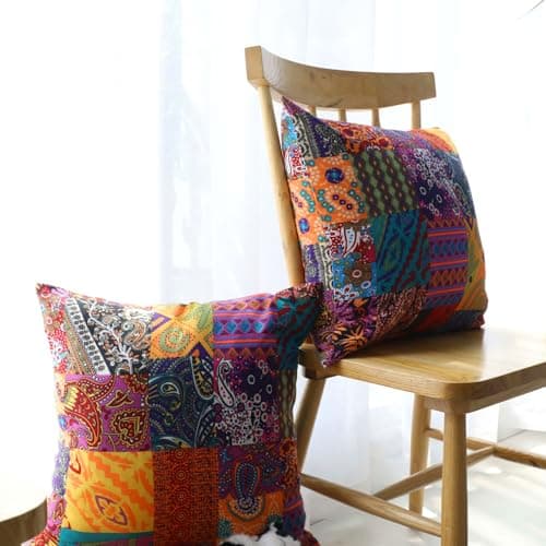 Image of Umimiss Boho Cushion Covers - 2PCS Multicolor Patchwork Cushion Covers, Ethnic Cotton & Linen, 45 x 45 cm, Living Room Decor