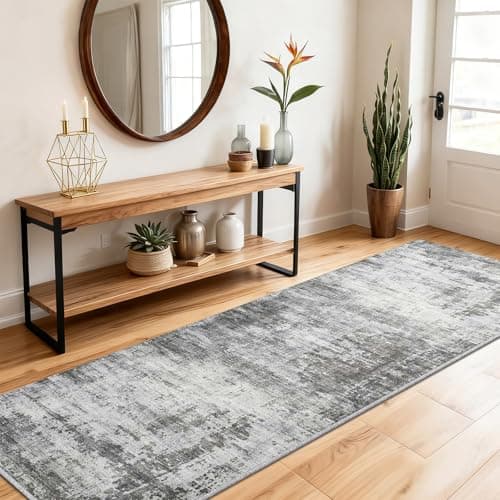 Image of SOANNY Runner Rug, 60x180 cm Abstract Low Pile Carpet, Non-Slip Washable Area Mat for Bedroom, Hallway, Kitchen, Laundry, Entryway, Utility, Beside Sofa, Office, Ash Grey