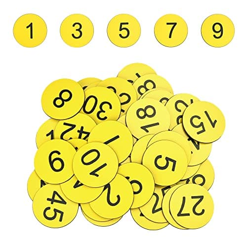Image of SIYINGSAERY 50 PCS Plastic Number Tags Engraved Numbered Tags Dia 30mm Numbered Discs Round Key Tag ID Tag Lables Table ID Number Tags Without Hole for Organizing and Sorting (1-50, Yellow)