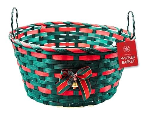 Image of Forest Green with Red Detail Christmas Wicker Basket with Handles & Bell 30cm – Hand-Woven Bamboo Festive Storage Basket, Gift Hamper & Decorative Xmas Display
