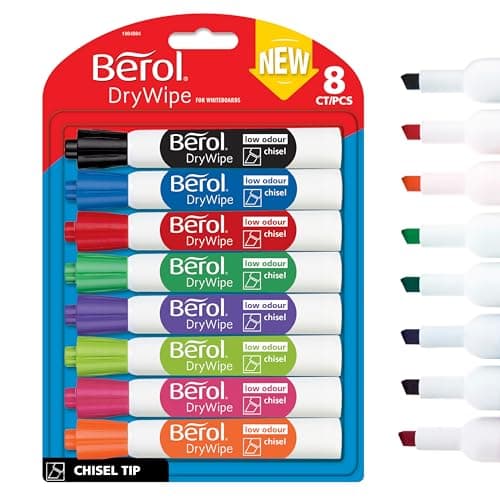 Image of Berol Dry Wipe Whiteboard Marker Pens | Chisel Tip | Assorted Colours | 8 Count Dry Erase Markers