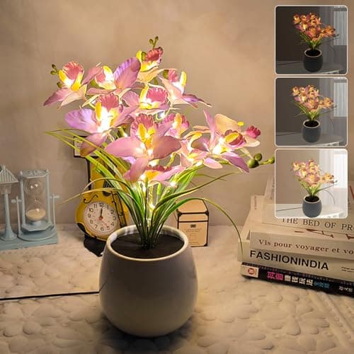 Image of Flower Table Lamp, Artificial Flowers in Vase Night Light, Stepless Dimming LED Vase Lamps, USB Plug-in Desk Lamp Decorative Lamp Gifts for Mom Women Grandma Girls (Purple - Orchid)