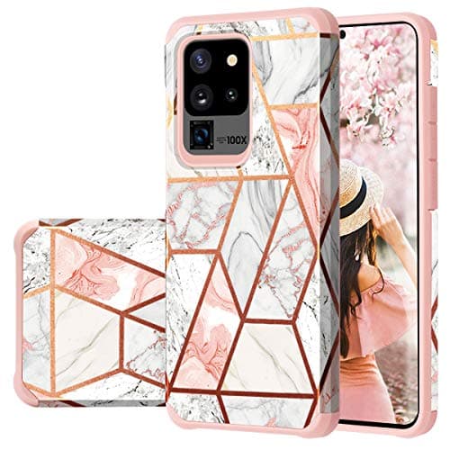 Image of Fingic for Samsung S20 Ultra Case,Samsung Galaxy S20 ultra 5G Case, Rose Gold Marble Shiny 2 in 1 Hard PC & Soft Silicone Hybrid Shockproof Anti Scratch Bumper Protective,Samsung S20 Ultra Phone Case