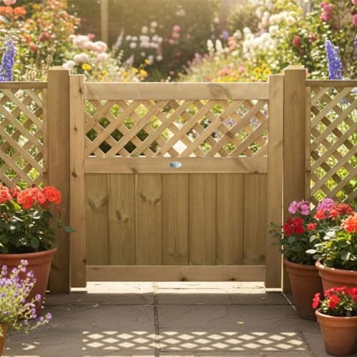 Image of Garden Gate Pressure Treated Diamond Lattice Insert Fully Framed Wooden Pedestrian Decorative Timber Garden Door, H:3ft x W:3ft Ideal for Outdoor Pathway Home Access, High: 90cm x Wide: 90cm