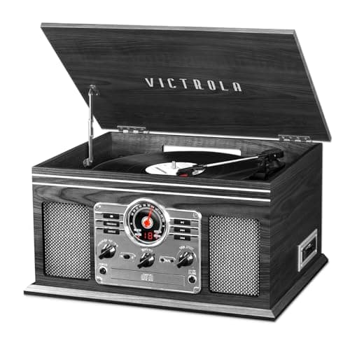 Image of Victrola The Quincy 6-in-1 Bluetooth Record Player & Multimedia Centre with Built-in Speakers – 3-Speed Turntable, CD & Cassette Player, AM/FM Radio, Wireless Music Streaming (Grey)