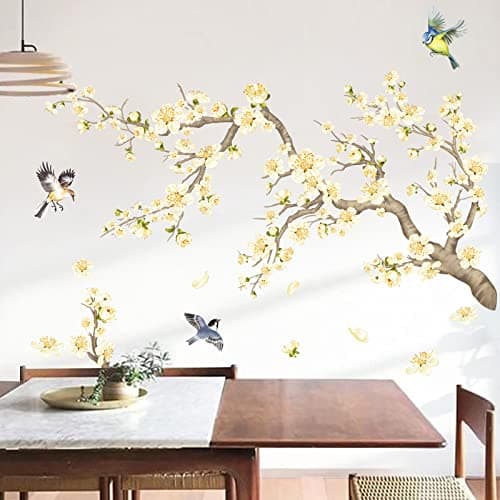 Image of decalmile Flower Branch Wall Stickers Yellow Blossom Pear Flower Birds Wall Decals Kids Bedroom Living Room Window Wall Decor (Width:119CM)