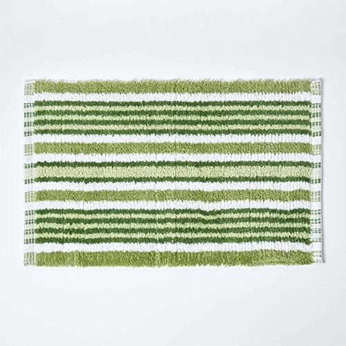 Image of HOMESCAPES Handloomed Green Striped Rug, 100% Cotton Bath Mat Suitable for any Room Including Wet Rooms