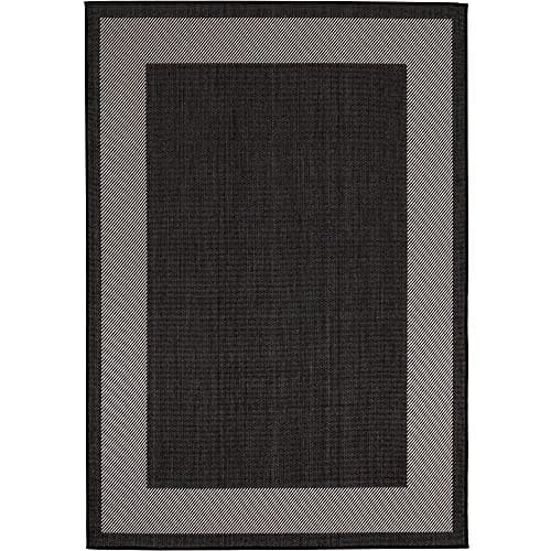 Image of BORDERED BLACK OUTDOOR & INDOOR RUG DURABLE WEATHER-PROOF WASHABLE | GARDEN PATIO GARAGE KITCHEN | EXTRA LARGE, 200X290 CM