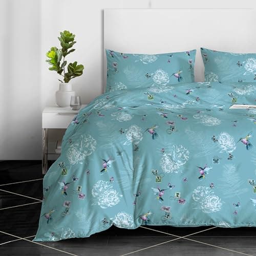 Image of RAYBedding 3PCS King Size Duvet Cover Set 100% Egyptian Cotton Bedding King Size Bed Set 400 Thread Count Floral Printed Country Bird Duvet Cover King with Pillow Cases 2 Pack