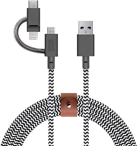 Image of Native Union Belt Cable Universal - 2m(6.5ft) Ultra-Strong Reinforced [MFi Certified] Durable Charging Cable with 3-in-1 Adaptor for Lightning, USB-C and Micro-USB Devices (Zebra)
