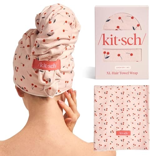 Image of Kitsch XL Microfiber Hair Towel Wrap for Women – Ultra Absorbent Microfiber Towel for Wet, Curly, Long or Short Hair – Quick Dry, Anti-Frizz Hair Wrap – Cherry Print