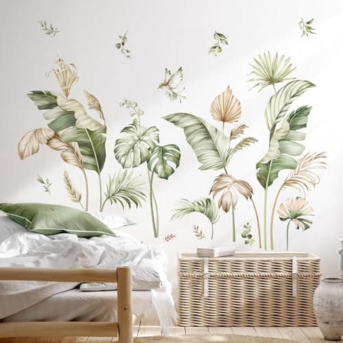 Image of decalmile Boho Tropical Leaves Wall Decals Palm Leaf Green Plants Wall Stickers Living Room Bedroom Office Wall Decor