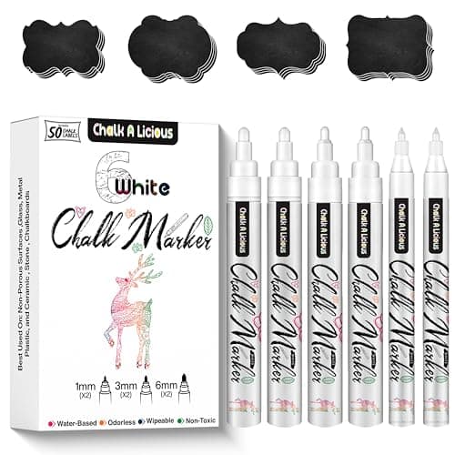 Image of Chalk A licious 6x White Chalk Pens for Blackboards with 50 Black Labels - Liquid Chalk Markers - 2x(1mm,3mm,6mm) - Reversible Tips Bullet & Chisel