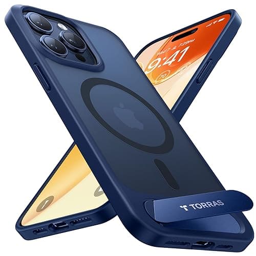Image of TORRAS Invisible Titanium Stand for iPhone 15 Pro Max Case [12FT Military Shockproof ] [TOP N56 Magnets] [20W Fast Charging] Truly Completely Flat & Slim Case iPhone 15 Pro Max Cover - Pstand Blue