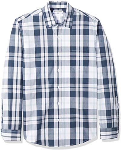 Image of Amazon Essentials Men's Slim-Fit Long-Sleeve Poplin Shirt, Navy White Large Plaid, M