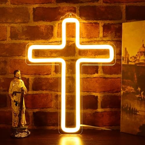 Image of Jesus Cross Neon Signs LED Neon Hanging Wall Night Lights for Christmas Christ Home Decor Gifts, Soft Warm White Color Night Lamp
