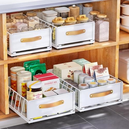 Image of Kitstorack Pull Out Cabinet Organizer Fixed with Adhesive Nano Film, Heavy Duty Pull Out Shelf Kitchen Storage Drawer, Sliding Mesh Cabinet Basket with Handle, 40 Depth x 25 Width x 16 Height CM