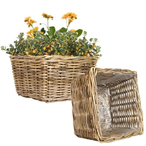 Image of Dibor Willow Wicker Planter Set of 2 Watertight Lined Indoor Rattan Planters with Carrying Handles Rustic Style Living Room Hallway Bedroom Kitchen Bathroom Plant Basket (Square, XL)