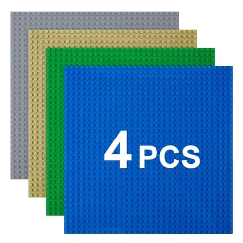 Image of HOTUT Classic Baseplates, 4 Pack Square 32x32 Stud Building Base, 10"×10" Large Building Board Base Plates, 100% Compatible with All Major Brands, Build and Display Board Set - Grey/Green/Sand/Blue