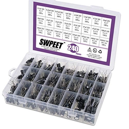 Image of Swpeet 240Pcs 24 Kinds Different Electrolytic Capacitors Range 0.1uF-1000uF Assortment Kit, 10V/16V/25V/50V Aluminum Radial Electrolytic Capacitors for TV, LCD Monitor, Radio, Stereo, Game