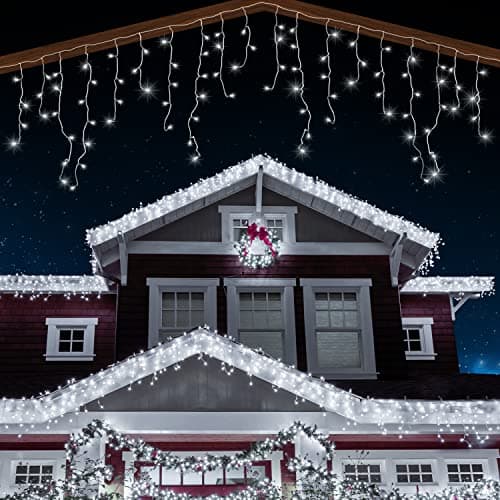 Image of ANSIO® Outdoor Christmas Lights 320 LED 11m/35ft Icicle Lights Outdoor & Indoor Cool White Decorations String Fairy Outside Lights with Timer for Xmas Garden Bedroom & Party|Mains Powered White Cable