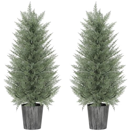 Image of HOMCOM 90cm Artificial Cypress Trees Set of 2, UV Resistant Artificial Plants with Decorative Pot, Fake Plants for Indoor Outdoor Decor, Green